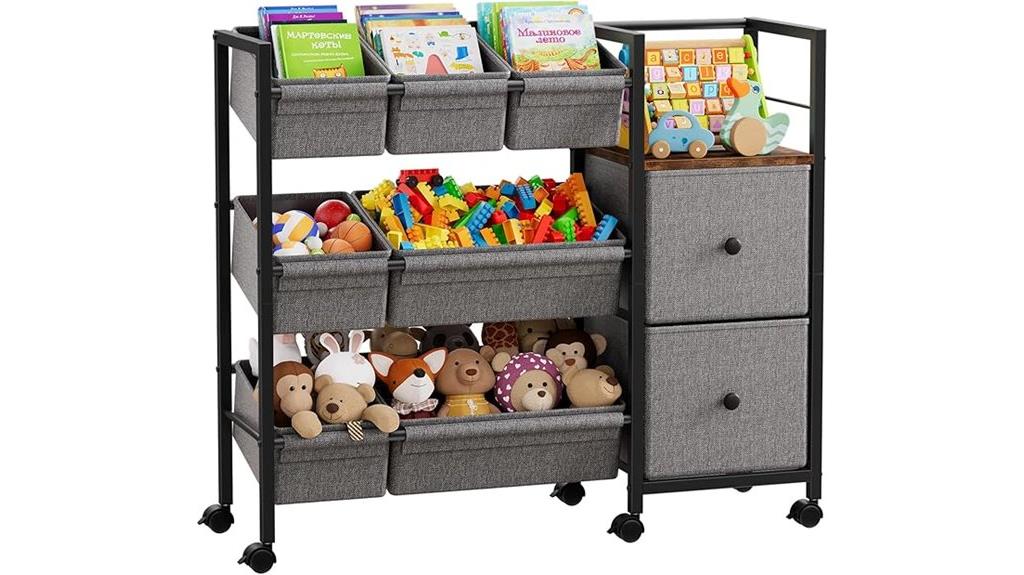 seven bins and shelves
