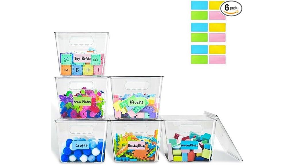 six transparent storage bins